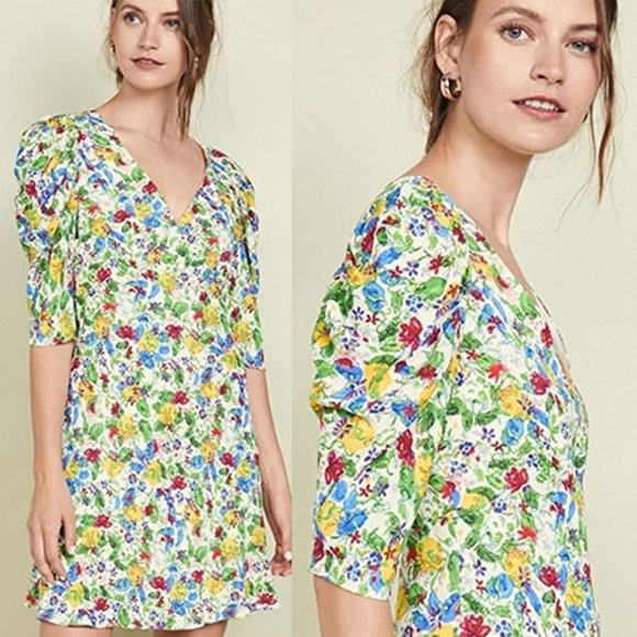 NWT Saloni Carlotta Draped Puffed Sleeves Floral A-Line...